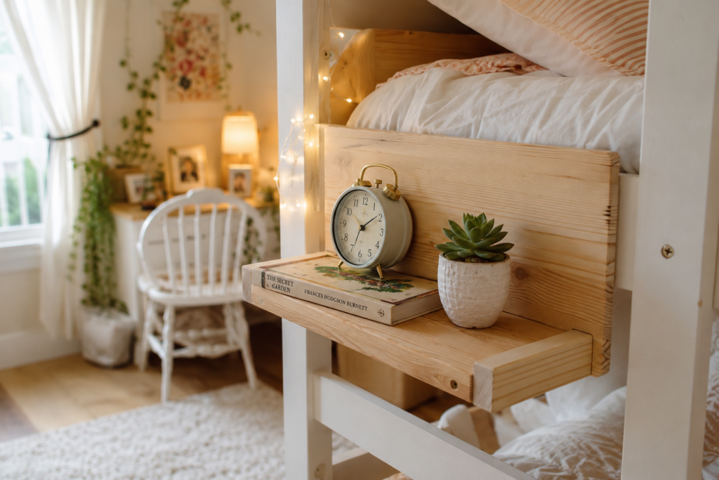 A cozy cottagecore-inspired teen bedroom with a natural-pine bedside shelf, vintage alarm clock, succulent, and softly glowing string lights