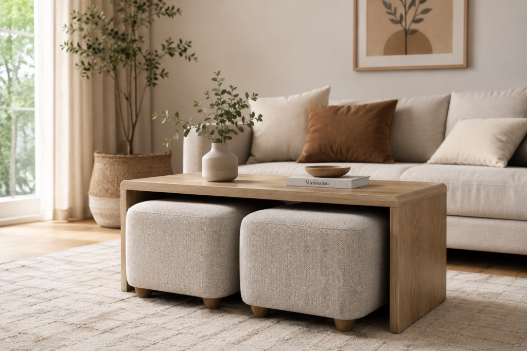 Bright living room featuring a light wood nesting coffee table with two beige upholstered storage ottomans tucked underneath, decorated with a ceramic vase and minimalist book