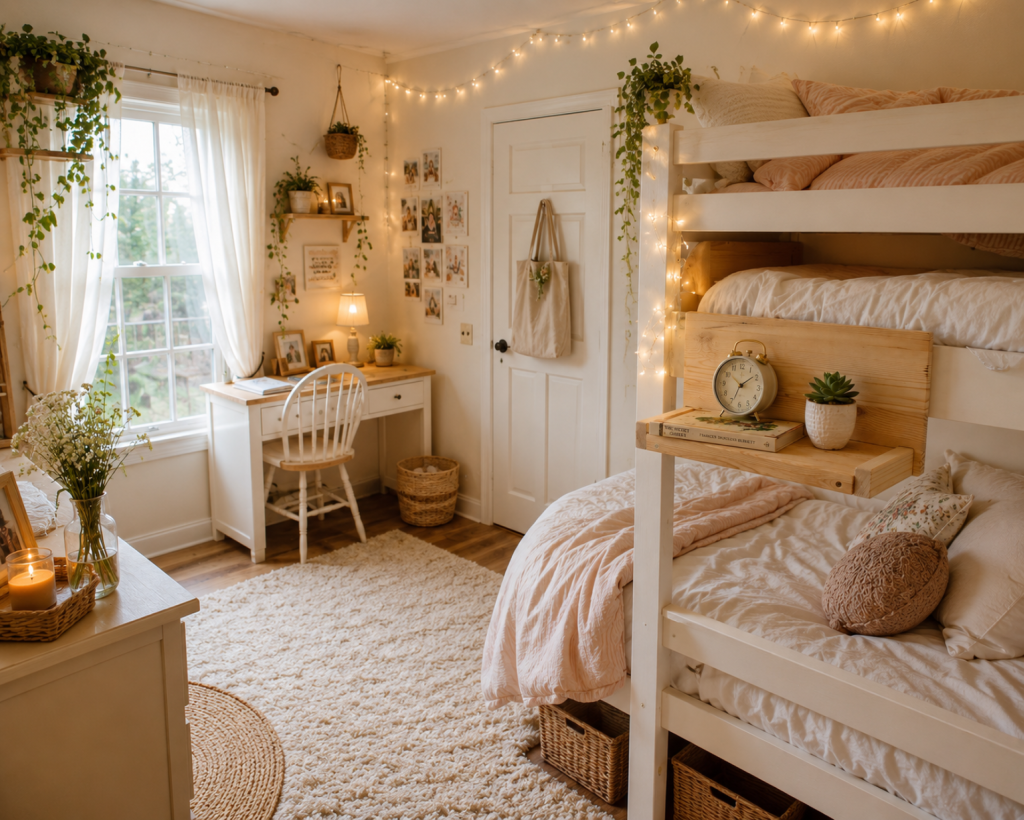 DIY cottagecore bunk bed headboard shelf with fairy lights, vintage alarm clock, and succulent plant in a cozy white small teen girl bedroom with woven baskets