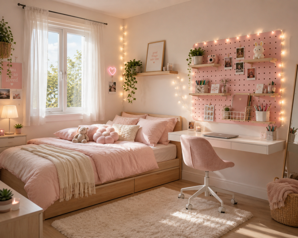 DIY floating pegboard organizer with pink accent wall, fairy lights, floating shelves, and white study desk in a small teen girl bedroom