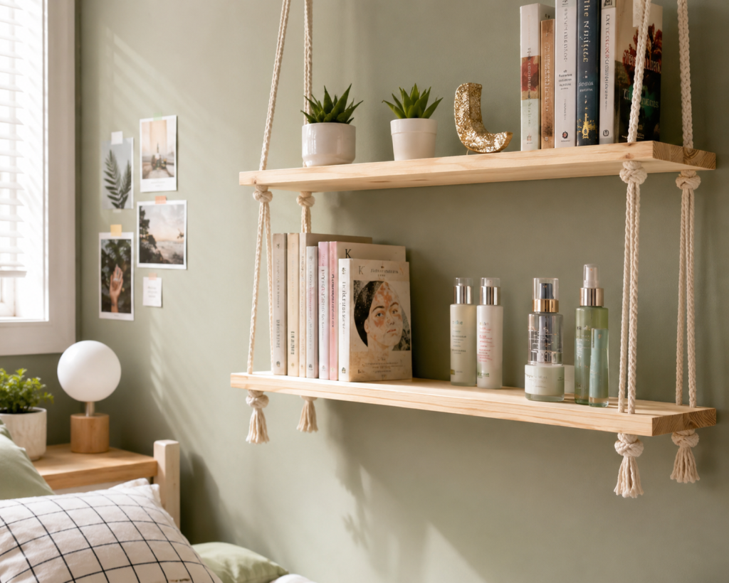 DIY hanging wall shelves made of smooth light pine wood suspended by macrame cotton ropes against a pastel sage green wall.