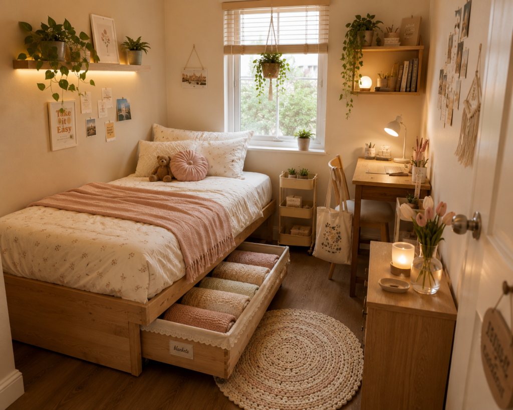 DIY under-bed storage boxes with custom fabric trim and lace labels, wooden bed frame with floral bedding in a cozy small teen girl bedroom