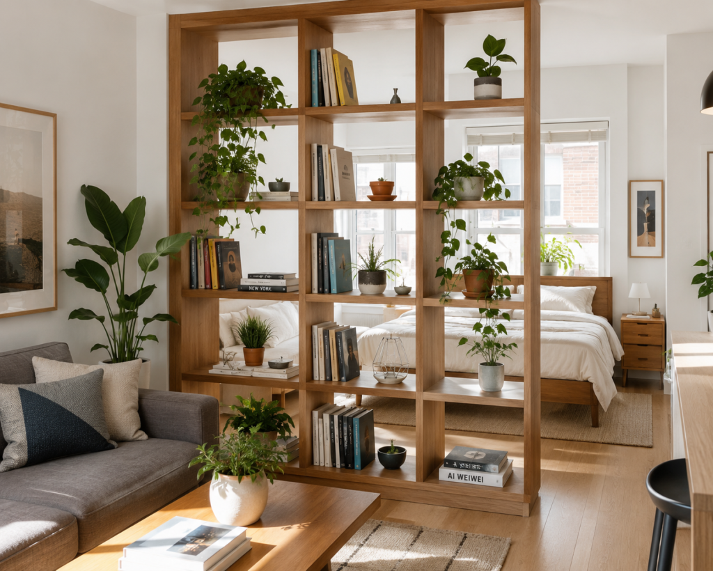 Floor-to-ceiling oak modular bookcase serving as room divider between living room and bedroom, filled with books, potted plants, and decorative objects in bright apartment