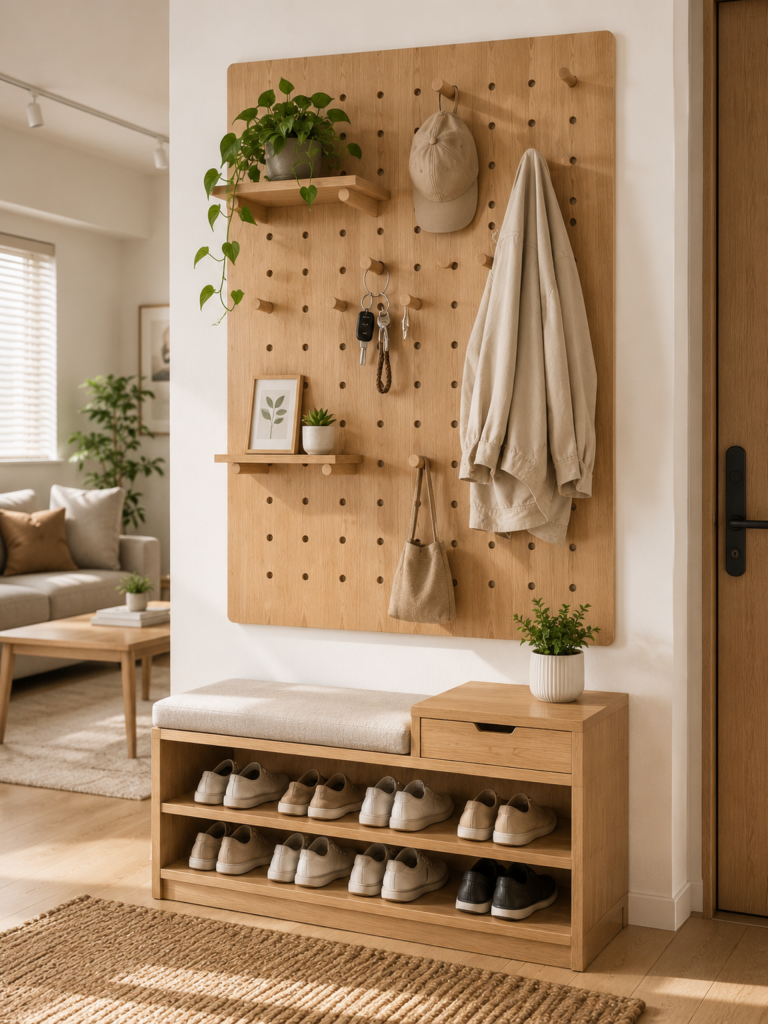 Oak pegboard entryway organizer with floating shelves, wooden peg hooks for coats and keys, above storage bench with cushioned seat and open shoe shelves in bright foyer