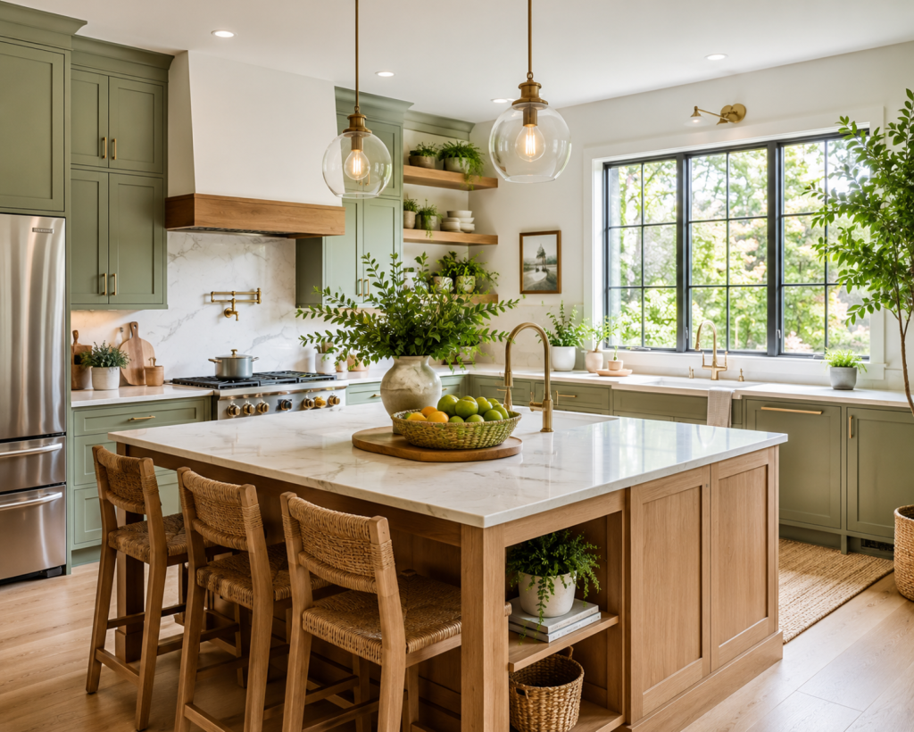 The sage green kitchen cabinet pairs with white marble-look countertops