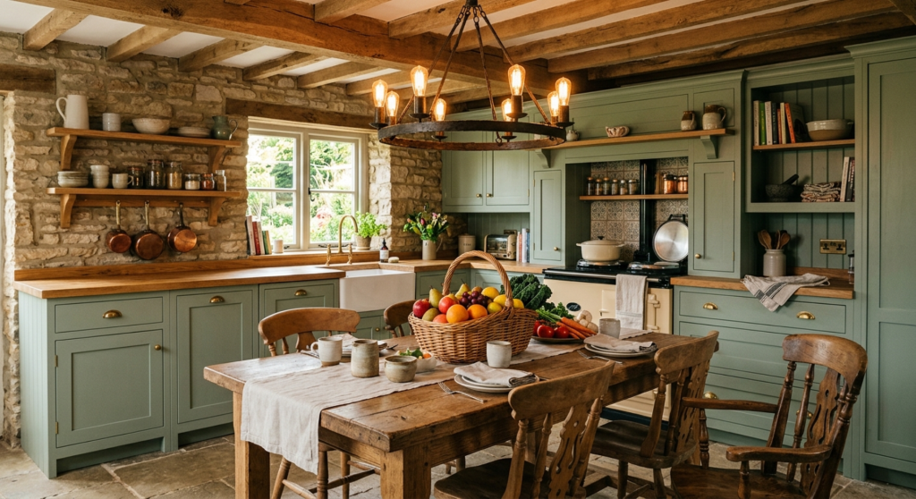 This kitchen features sage green kitchen cabinet units paired with raw stone walls, exposed wooden ceiling beams, and hearty farmhouse furniture