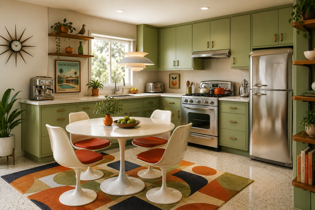 This sage green kitchen cabinet design channels the 1950s-60s with flat-panel doors, tapered legs, and iconic furniture pieces