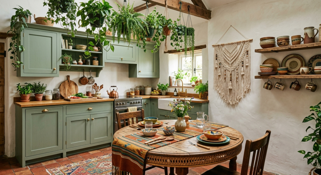 This sage green kitchen cabinet design overflows with plants, macramé, vintage ceramics, and global textiles