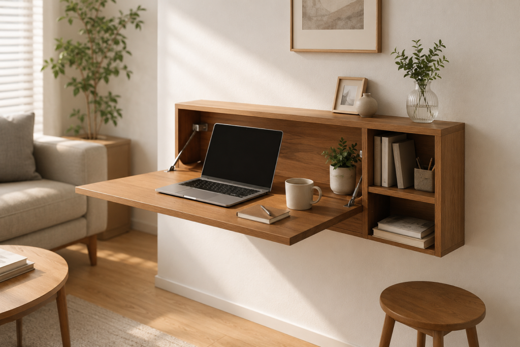Wall-mounted oak floating desk with fold-down work surface, laptop, coffee mug, and built-in shelving unit in a sunlit living room corner with stool