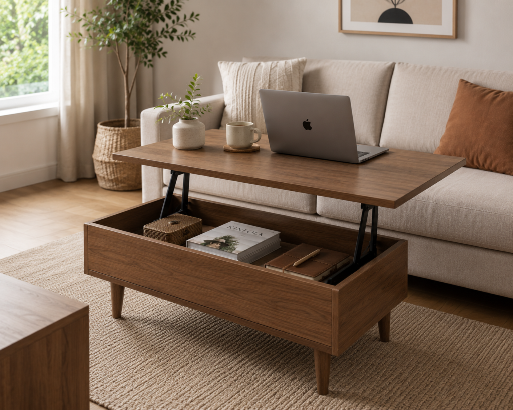 Walnut lift-top coffee table raised to dining height with laptop and coffee cup on surface, storage compartment below containing books and woven basket, beige sofa background