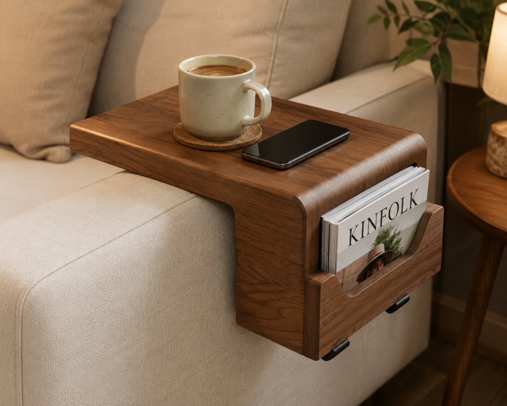Walnut wood armrest tray table draped over sofa arm with coffee cup, smartphone, and Kinfolk magazine in integrated rack, cozy living room setting