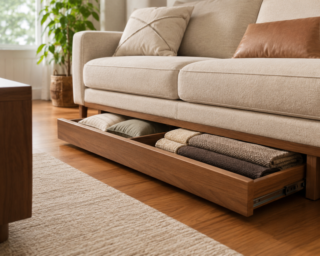 Walnut wood rolling drawer pulled out from under beige sofa, neatly organized with folded throw blankets and decorative pillows on hardwood floor