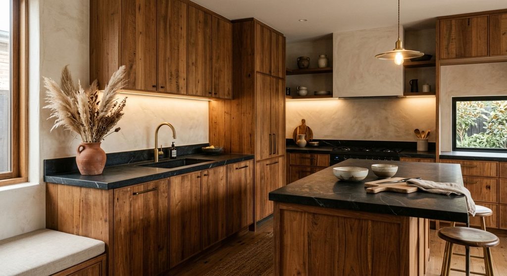An elegant modern organic kitchen showcasing warm reclaimed teak wood cabinets paired with dark charcoal stone countertops and warm limestone plaster walls