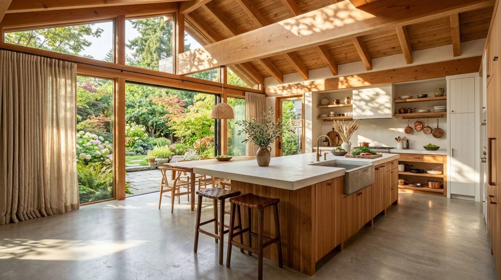 An open-concept modern organic kitchen facing a garden view